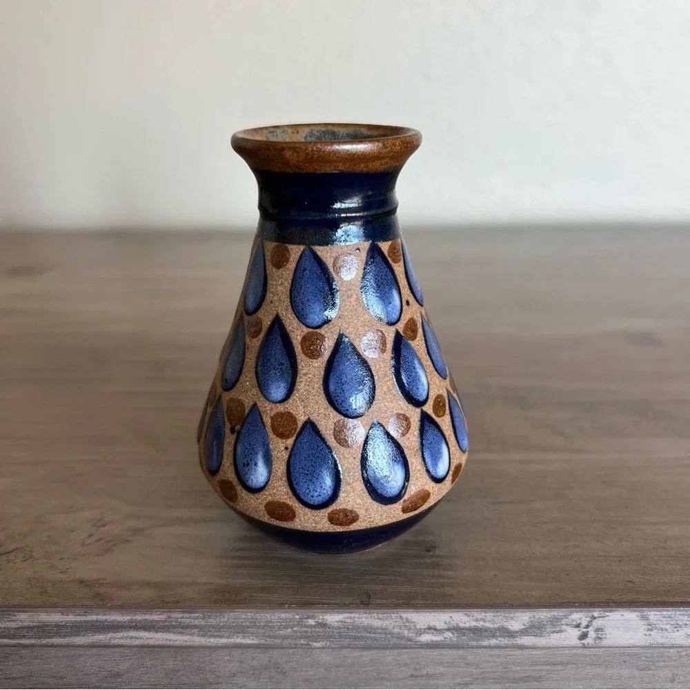 Mexico Clay Mini Vase Mexican Hand Painted Blue Tear Drop Design 3 7/8”H
